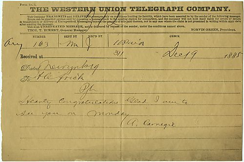 In a wire from New York, Carnegie sends Frick a greeting on the occation of Frick's birthday and confirms a future meeting