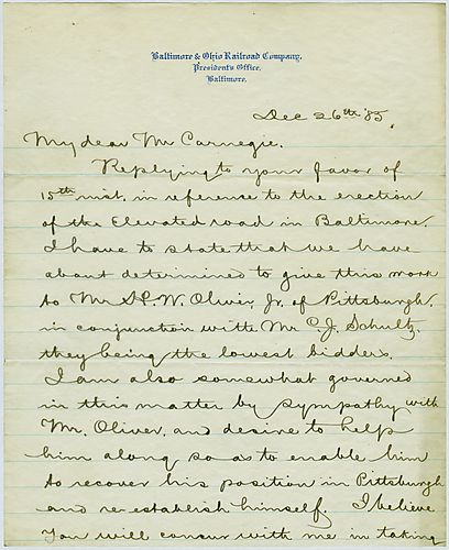 Writing from Baltimore, Mr. Robert Garrett informs Carnegie about the assignment of construction contracts from the Baltimore and Ohio Railway company and Garrett also makes an inquiry about whether the railroad is being boycotted by Carnegie's coke busin