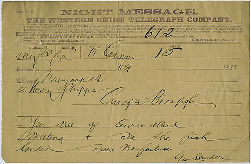 In a wire from New York, Mr. George Lauder confirms with Mr. Henry Phipps that he is to attend an upcoming meeting