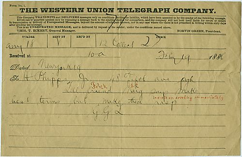 In a wire from New York, a Mr. G.G.L. orders Henry Phipps to tell Frick that Carnegie wants him to settle a deal quickly on the best terms