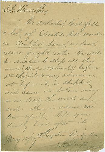 Keystone Bridge Co. informs Mr. S.E. Moore that due to high freight rates they will be unable to ship the bridge materials by April 1st, without their company losing money