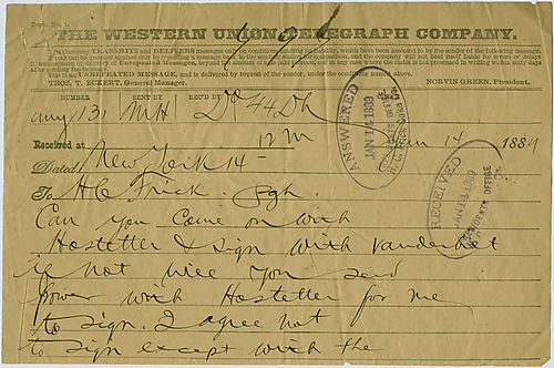 In a wire from New York, Carnegie asks if Frick will join Mr. David Hostetter to sign a deal with Mr. C. Vanderbilt if he thinks it's wise or Carnegie will give full power to Hostetter. Carnegie's wife Louise sends her congratulations