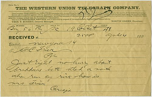 In a wire from New York, Carnegie confirms standing firm on Braddock and inquires about Mrs. Frick