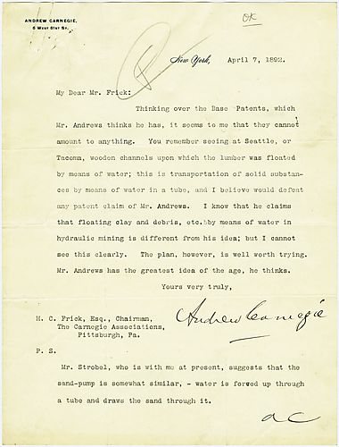 Writing from New York, Carnegie discusses patents for a water pumping invention in mining