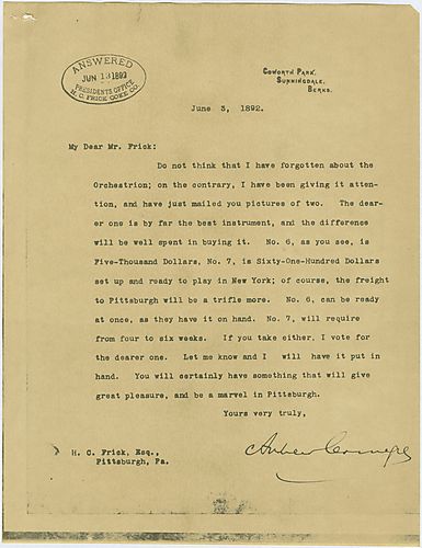 Writing from Sunningdale, England, Carnegie discusses with Frick the prices of an orchestrion