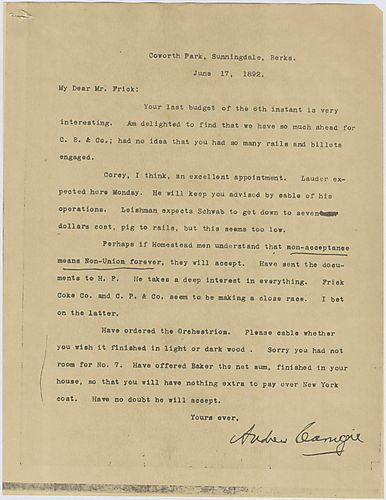 Writing from Sunningdale, England, Carnegie discusses company budgets, appointments, the worker's strike at Homestead and the orchestrion