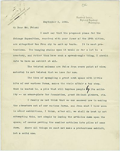 Writing from Kinloch Rannoch, Scotland, Carnegie expresses his dislike on proposed exhibition designs for the 1893 World's Columbian Exposition
