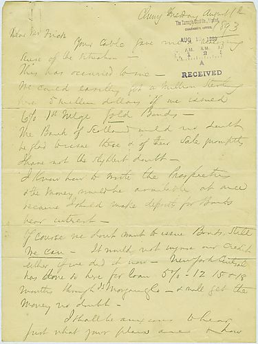 Writing from Kingussie, Scotland, Carnegie discusses with Frick the purchasing of gold bonds in order to have more money for the company and how well their partnership works for the company