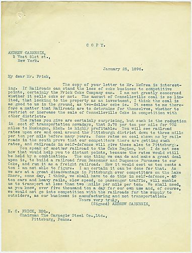 Writing from New York, Carnegie discusses the decreasing rates on coke, as well as plans for building a new freight rail line in defense against the competition
