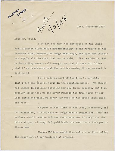 Writing from Cannes, France, Carnegie discusses having the Mellon family purchase gold bonds to help develop a coal and coke rail line. He also mentions ovens, the statuses of some partners and his family vacation