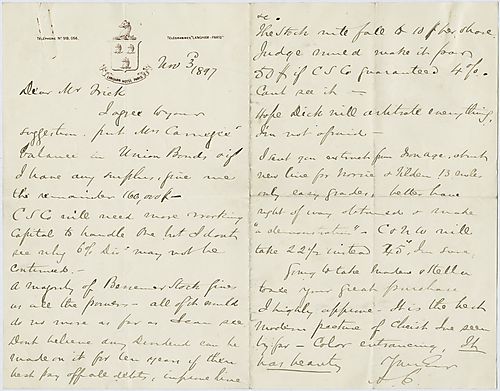 Writing from Paris, France, Carnegie discusses putting money into Union Bonds and the money invested in Bessemer stock. He also informs Frick of a new rail line and how much he likes Frick's recent purchase of a painting depicting Christ