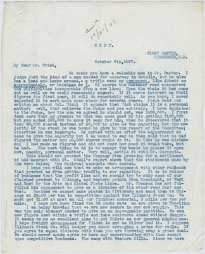 Writing from Kingussie, Scotland, Carnegie informs Frick about the suit against Colonel D.B. Dick over company shares. He also gives advice on fixing rates and deals with certain competitors. Carnegie asks Frick to persuade Phipps to sign the Iron Clad Ag