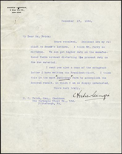 Writing from New York, Carnegie informs Frick he received his letter and that he's attached copies of letters he's written to James M. Swank concerning iron and steel rates