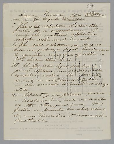 "Seven Reasons for Obtainment of Legal Divorce," by J. M. Spear [written on the back of an application to join the Order]
