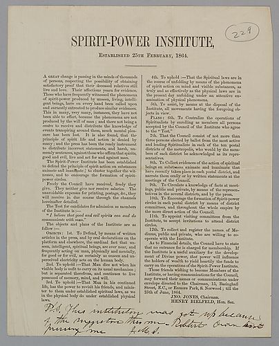 Broadside for the Spirit-Power Institute [with handwritten note from Spear to Sheldon at bottom]