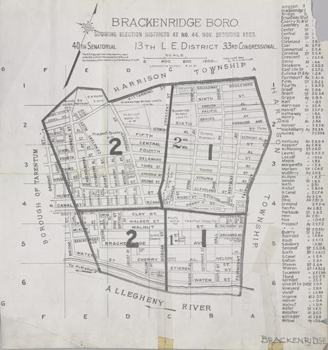 Brackenridge Borough, showing election districts at No. 44 Nov. Sessions, 1929, 40th Senatorial District, 13th L. E. District, 33rd Congressional District