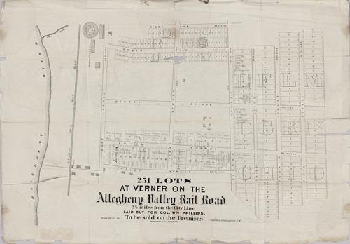 Map of 251 lots at Verner on the Allegheny Valley Rail Road, 2 1/2 miles from the city line, laid out for Col. Wm. Phillips