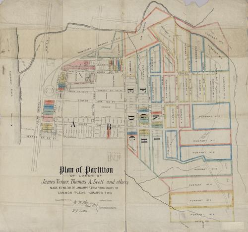 Plan of partition of lands [in Verona] of James Verner, Thomas A. Scott and others made at No. 361 of January Term 1880 Court of Common Pleas Number Two
