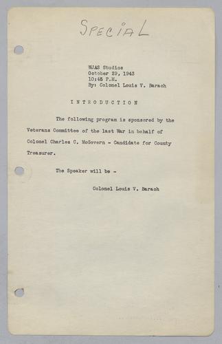 Special Speech by Col. Louis V. Barach