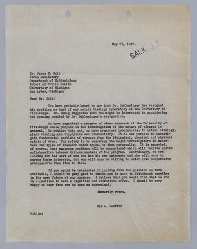 Max Lauffer to Jonas Salk