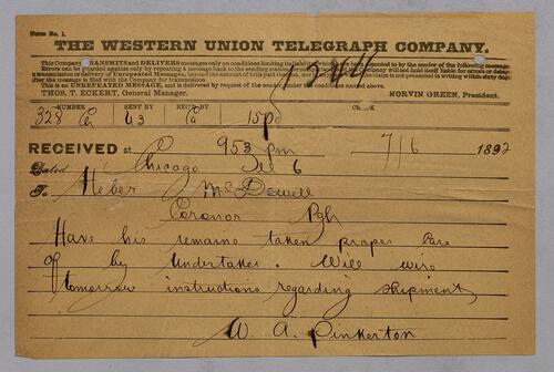 Telegrams to Coroner Regarding the Shipment and Identification of Killed Pinkerton Guards