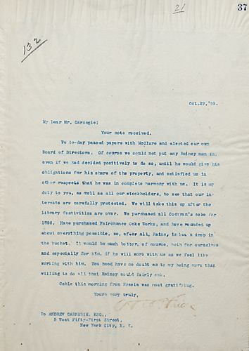 Frick writes Carnegie to tell him they have bought the Fairchance Coke Works and all of Cochran's coke for 1896 as well as to mention that once Rainey has proven himself to be on their side there is no reason why an amicable relationship cannot exist