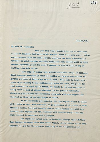 Frick writes Carnegie to ask him for advise about a business disagreement between Donnelly and Snyder, the sellers, and a coke company regarding the price of land and the available coal underneath the property
