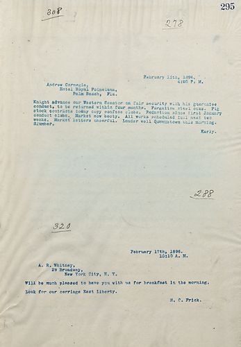 Frick wires Carnegie that Knight advances their Western Senator on fair security with gurantee conduct and will return in four months