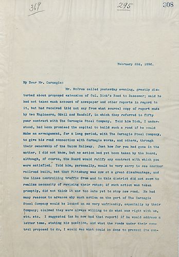 Frick writes Carnegie about a discussion he has with Mr. McCrea regarding the excessive railroad rates and a roadway that had been proposed which would alleviate the extra charge
