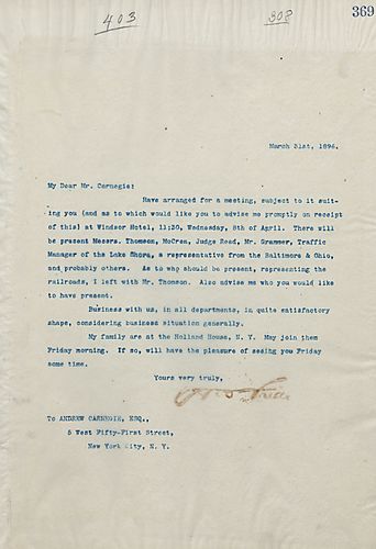 Frick writes on a meeting to be held on April 8th that will include Messrs. Thomson, [James] McCrea, Judge Reed, and Mr. Grammer. Frick asks if Carnegie has any suggestions on who else should be present