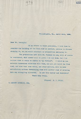 Frick writes on the building of Dick Road being settled and Carnegie's proposal will be considered