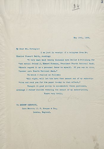 Frick writes on his communication with Mr. Charles Stewart Smith on investing in Butler & Pittsburg for his friend, J. Edward Simmons [President Fourth National Bank]