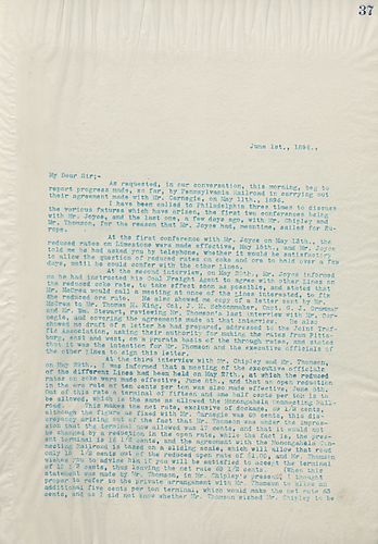 Frick writes on Pennsylvania Railroad's execution of their agreement made with Mr. Carnegie and on Frick's conferences with Mr. Joyce, Mr. Chipley, and Mr. Thomson