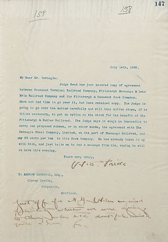 Frick writes on Judge [James] Reed securing a copy of an agreement between Conneaut Terminal Railroad Co., Pittsburgh Shenango & Lake Erie Railroad Co., and the Pittsburgh & Conneaut Dock Co