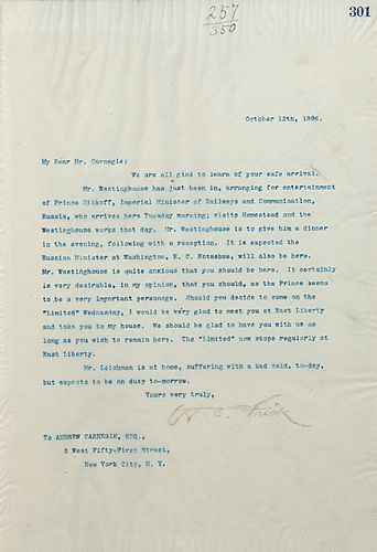 Frick writes Carnegie to describe Prince Hilkoff's visit to Homestead and the Westinghouse works. Prince Hilkoff is the Imperial Minister of Railways and Communication of Russia
