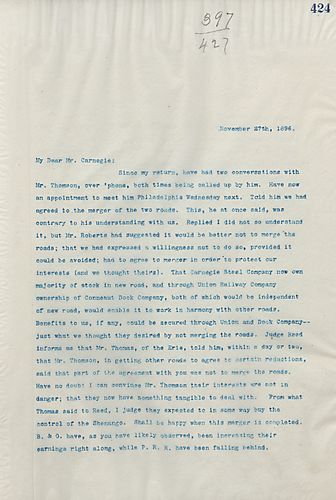 Frick writes Carnegie to inform him that the Carnegie Steel Company owns the majority of the stock of the new road that is to be built and explains the effects the new road will have on railroad rates