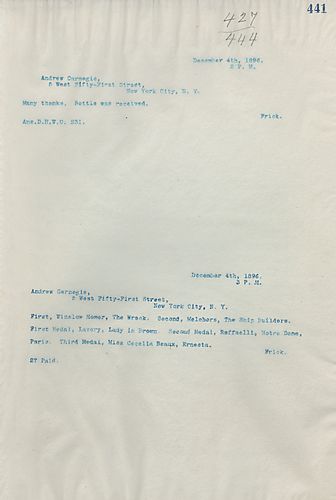 Frick thanks Carnegie, and writes that the bottle was received