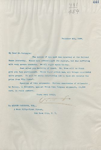 Frick writes on the eye wash bottle being received at Holland House yesterday, and on wiring Carnegie the Board's decision