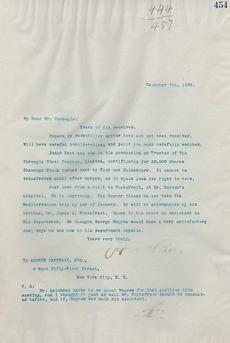 Frick writes on the Rockefeller papers not being received yet and on Judge Reed holding 30,000 shares of Shenango Stock that was turned over by Dick and Huldekoper. Also, Frick visited [John] Pontefract at Dr. Sutton's hospital