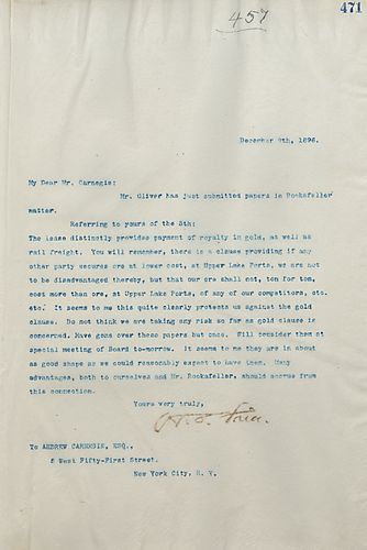 Frick writes Carnegie to discuss the gold clause and how that affects the cost of ore