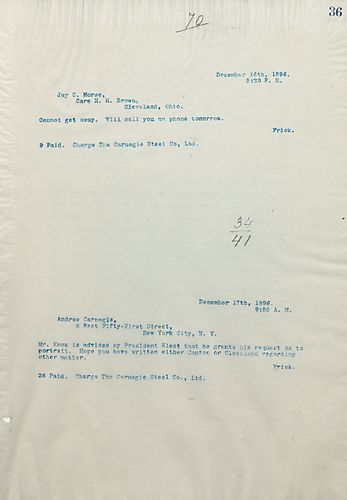 Frick informs Carnegie that Mr. [Philander] Knox is advised by Presedent Elect that he grants his request as to portait