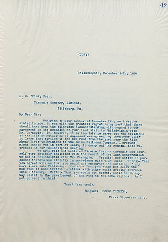 [Frank] Thomson addresses misunderstandings about his meeting with Frick and Carnegie in Philadelphia