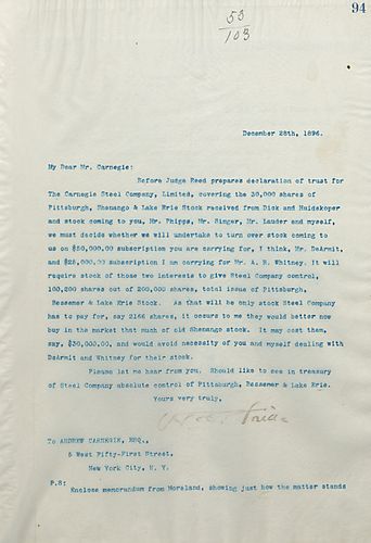 Frick writes Carnegie to discuss stock options and actions to be taken in relation to a declaration of trust between the Carnegie Steel Company and other entities