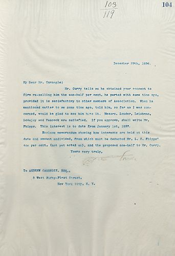 Frick writes on Mr. [Henry] Curry buying back his one-half percent that he previously sold. Frick includes memorandum on the individual ownership of company interest