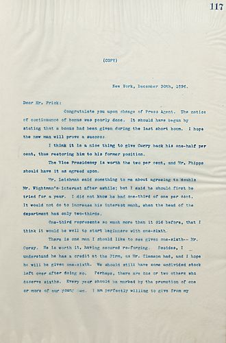 Carnegie writes Frick to discuss a new hire and the breakdown of stock options given to employees