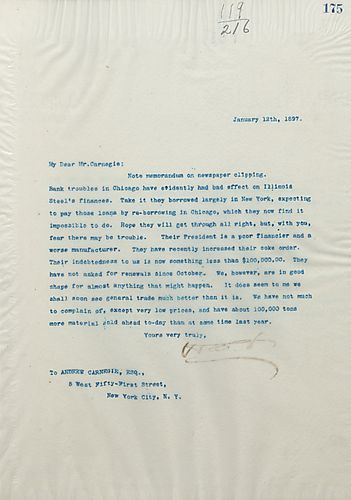Frick writes on the current poor finances of Illinois Steel due to bank troubles in Chicago, [Ill.]