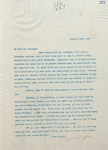 Frick writes on his conversation with Mr. [John] Leishman, and Frick thinks Leishman should bring Mr. [Philander] Knox with him for his presentation to the Naval Committee next Tuesday