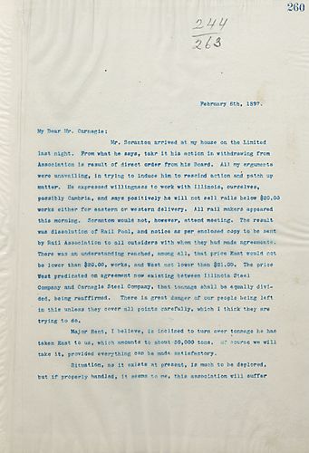 Frick writes Carnegie to inform him that Mr. Scranton was told to withdraw from the association, which dissolved the rail pool