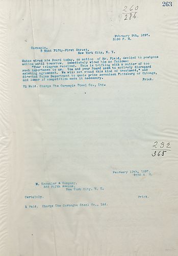 Gates has postponed action until tomorrow. Frick includes his reply by stating that he will not stand Gate's disregard for their exisiting agreement