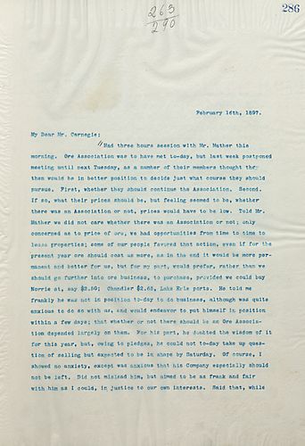 Frick writes on his meeting with Mr. Mather and on whether there should be an Ore Association and what their prices should be
